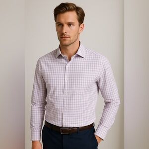 💜 NORDSTROM Men's Shop Non-Iron Dress Shirt - Purple Plaid (Size 16 Trim Fit)💜